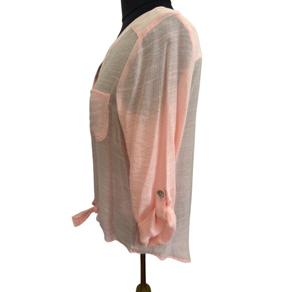 Ruby Rd. Petite Sheer Button-Down Front Tie Blouse - Pink , Size PS - Picture 2 of 7